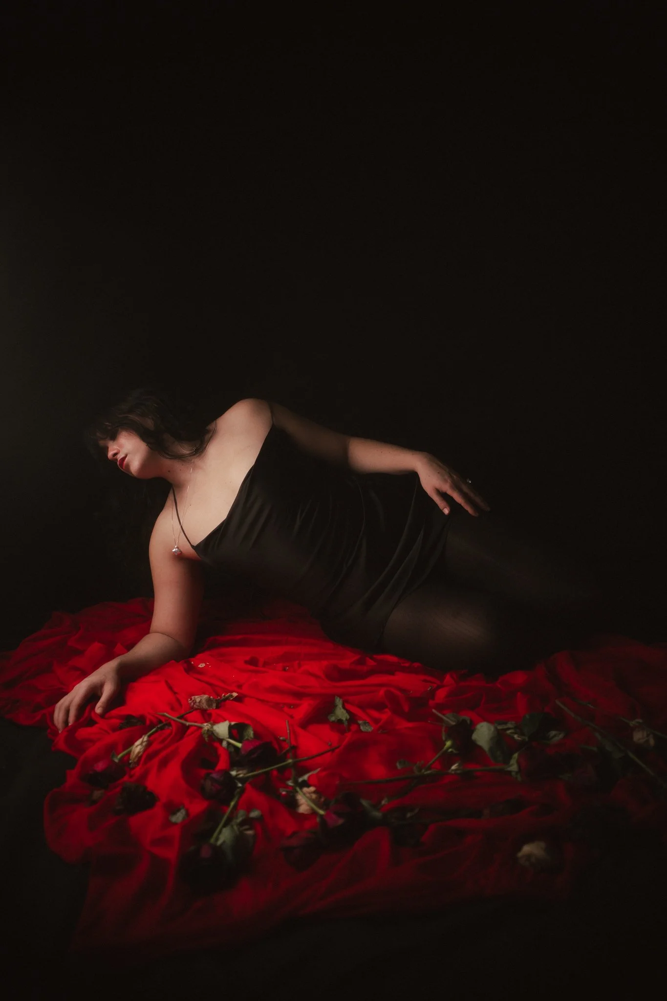 A woman with long dark hair wearing a black dress with sheer sleeves, reclining on a red velvet cloth with dried roses, against a dark background.