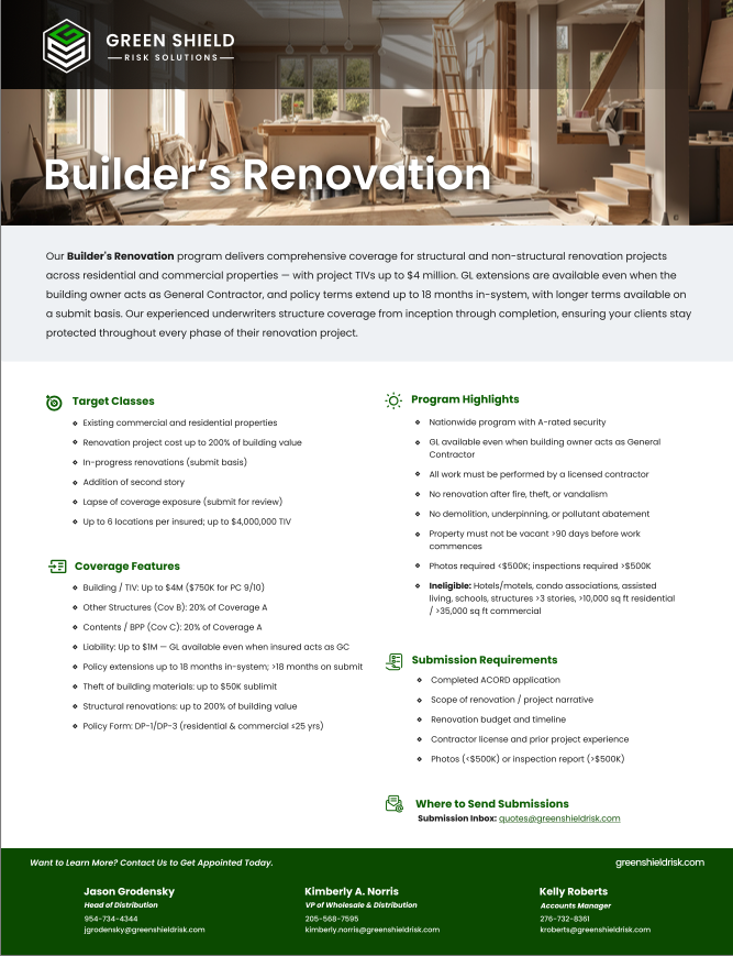Poster for Green Shield Risk Solutions promoting Builder's Renovation program, highlighting coverage details, target classes, program features, submission requirements, and contact information.