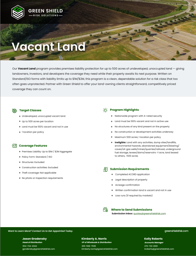 Aerial view of vacant land with parking lot, grassy area, and trees, under a clear sky, with the Green Shield Risk Solutions logo and information about land liability protection.