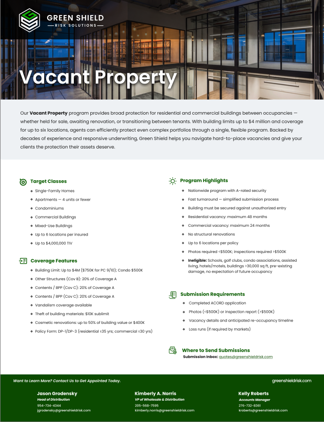 A flyer for Green Shield Risk Solutions promoting their Vacant Property program, featuring an image of a modern office building with glass walls, and sections detailing target classes, program highlights, coverage features, submission requirements, and contact information.