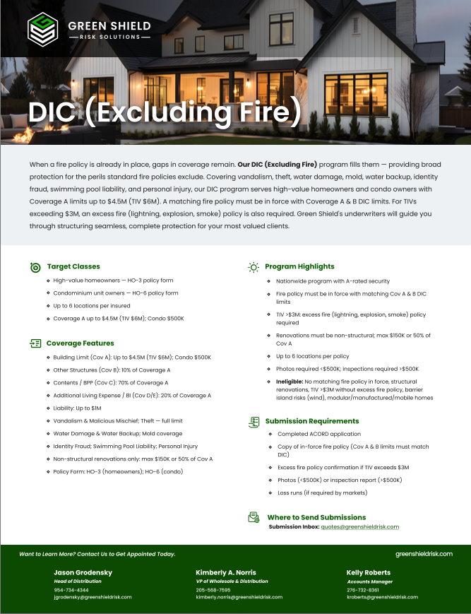 A detailed infographic about Green Shield Risk Solutions' DIC (excluding fire) insurance coverage, including target classes, program highlights, coverage features, submission requirements, and contact information, set against a modern house background.