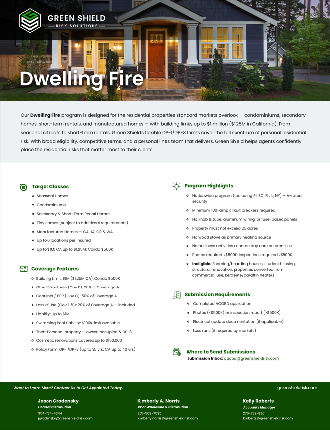 The image shows a promotional flyer for Green Shield Risk Solutions' Dwelling Fire insurance program. It features a house with lit windows and a well-maintained front yard. The flyer includes sections detailing target classes, program highlights, coverage features, submission requirements, and contact information, emphasizing residential property protection.
