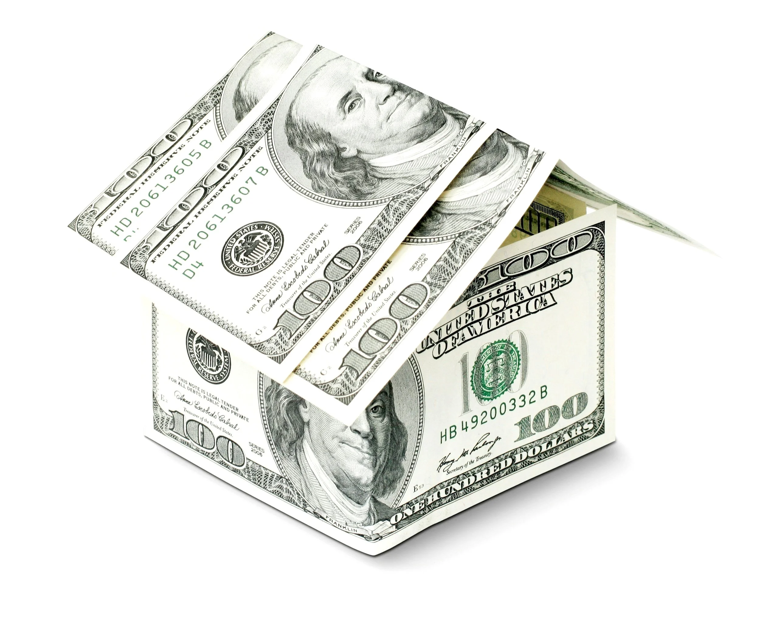 A pyramid-shaped object made of realistic-looking hundred-dollar bills.