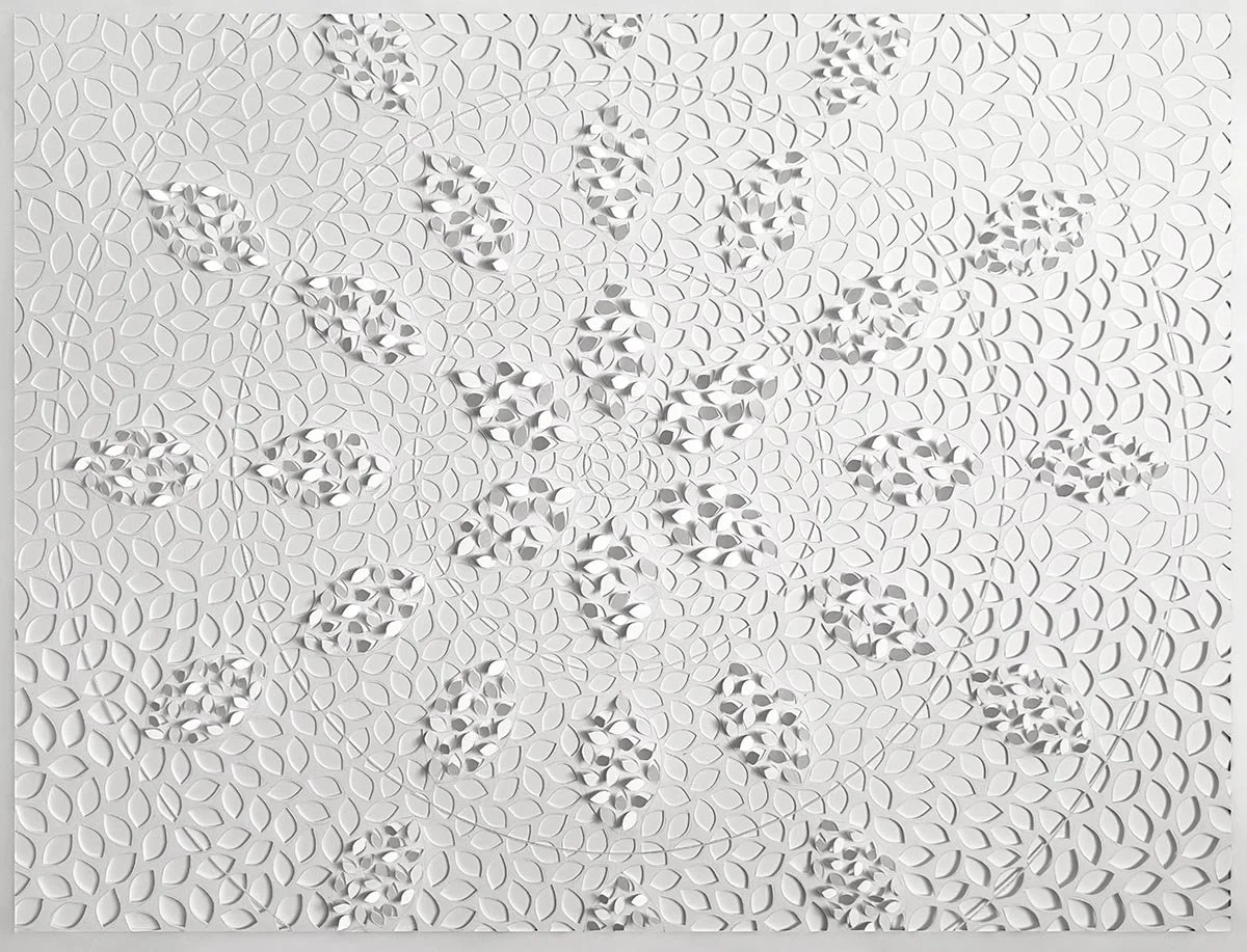 Jaq Belcher, "Protection," 22 x 30 inches. Hand-cut paper artwork featuring intricate vesica piscis forms and delicate raised paper elements creating light and shadow.