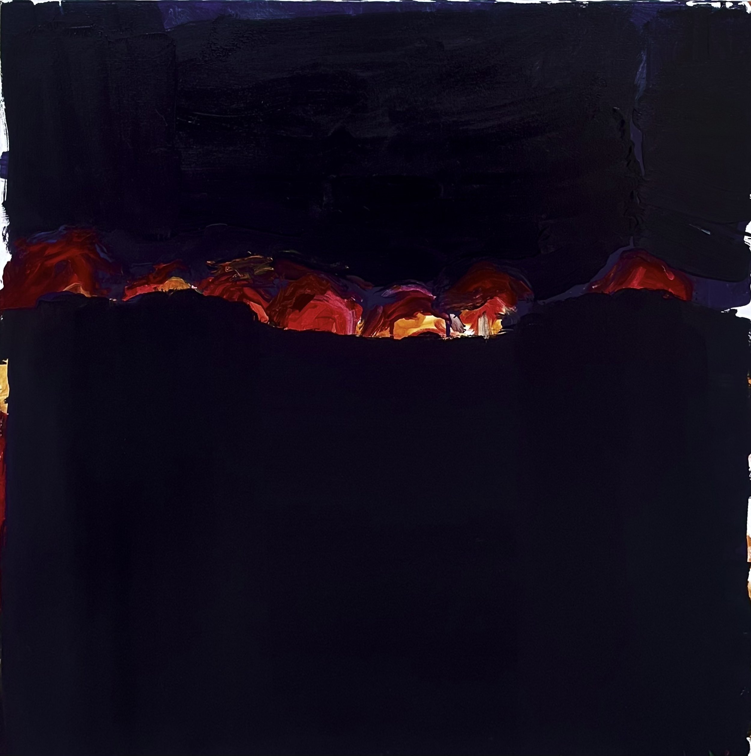 An abstract painting with bold brushstrokes in black with illuminating reds and oranges creating a vibrant and dynamic composition.