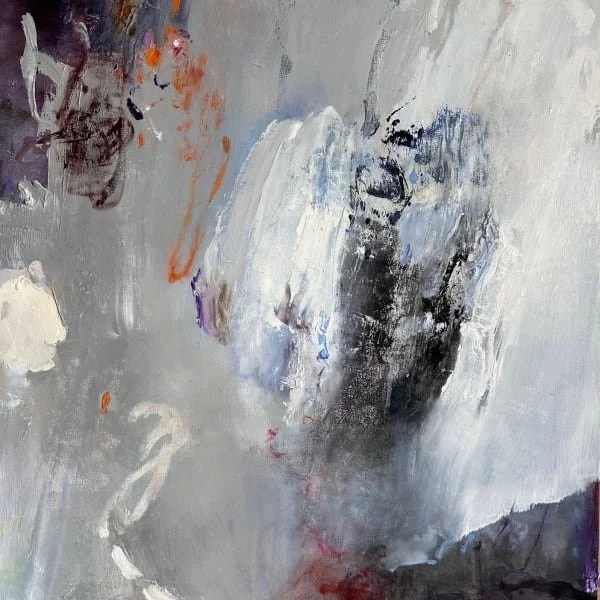 Slipstream is a contemporary abstract oil painting by Candy Le Sueur featuring layered whites, grays, blacks, and subtle violet accents. Expressive brushwork and rich texture create a dynamic composition that explores movement, emotion, and the inter