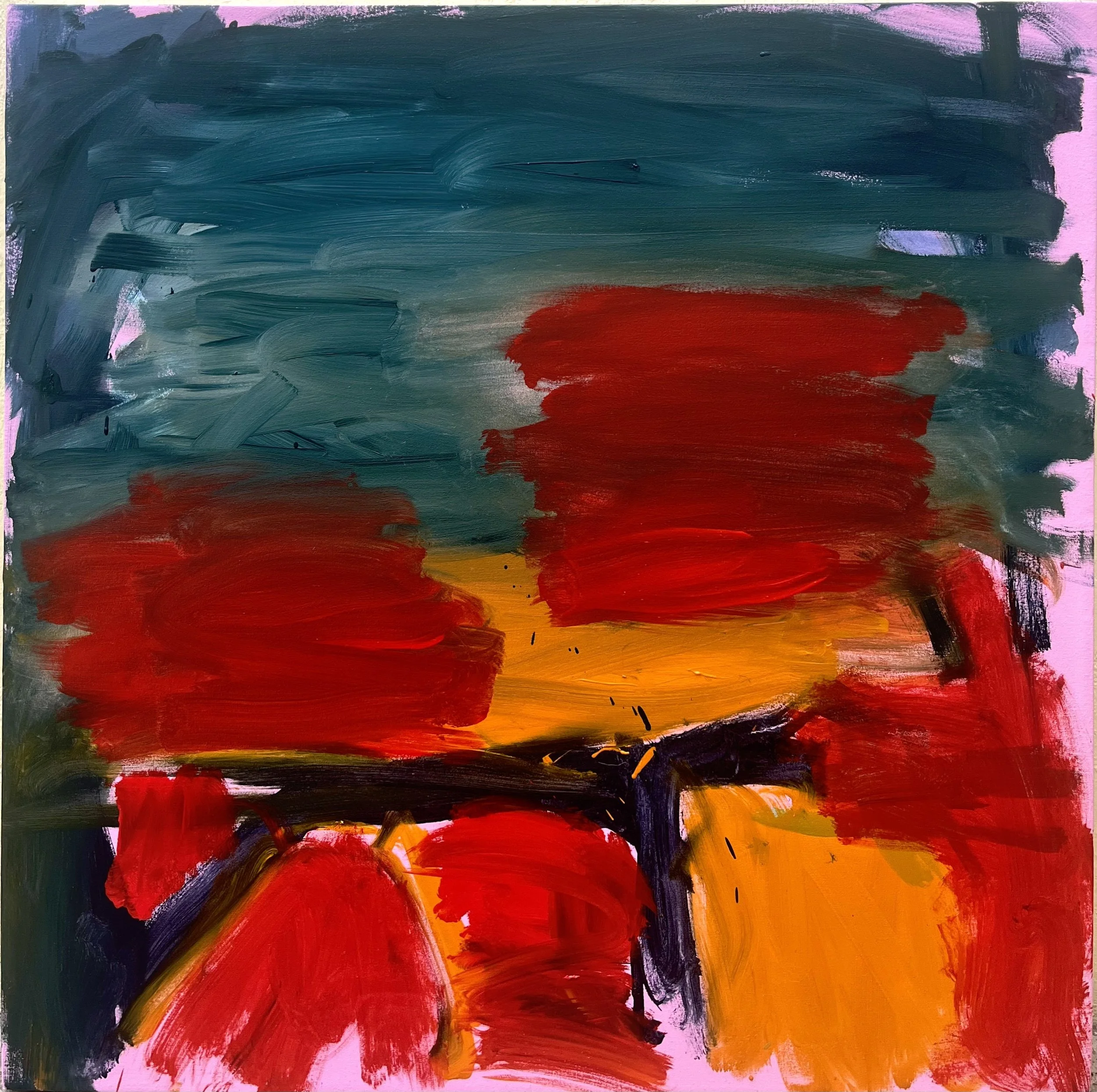 An abstract painting with bold brushstrokes in pink, red, teal, orange, and black, creating a vibrant and dynamic composition.