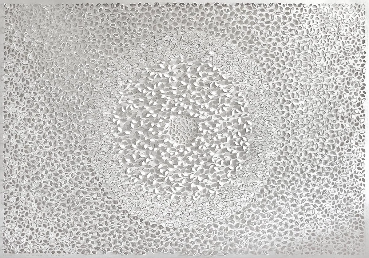 Jaq Belcher, "Living Library," 36.5 x 50.5 inches. Hand-cut paper artwork featuring intricate vesica piscis forms and delicate raised paper elements creating light and shadow.