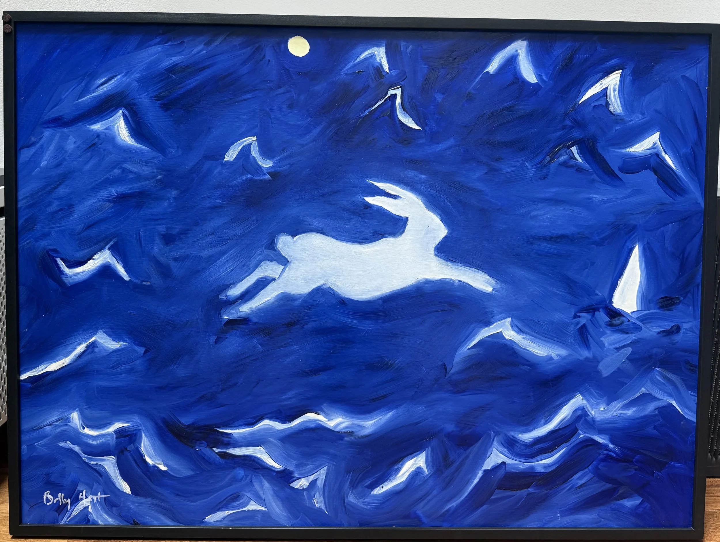 Bob Hest, "Lucky Bunny," Oil on canvas. A silhouette of a bunny rabbit leaping across the blue ocean waves.