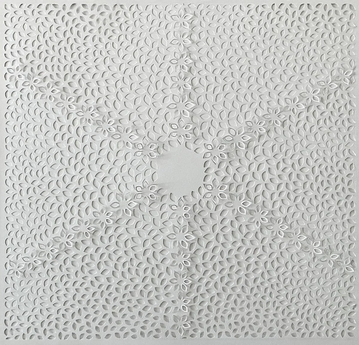 Jaq Belcher, "Salt Cell," 24 x 24 inches. Hand-cut paper artwork featuring intricate vesica piscis forms and delicate raised paper elements creating light and shadow.