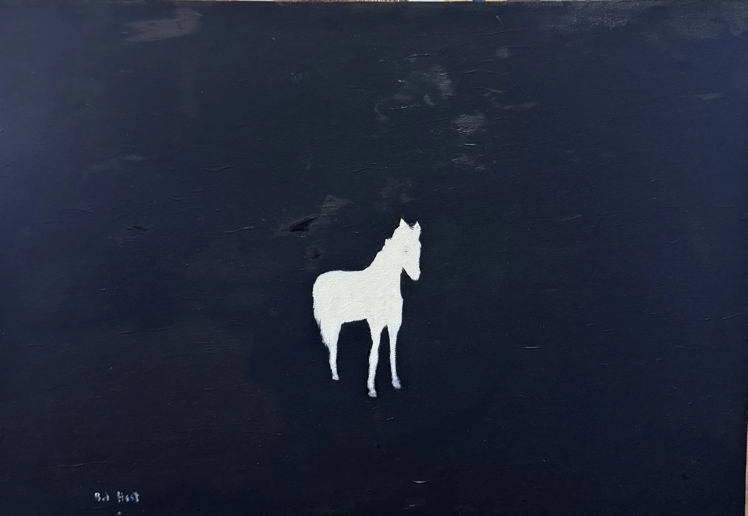 Bob Hest, "She Waited," oil on canvas. A white silhouette of a horse on a black field.
