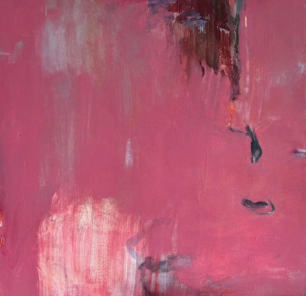 Abstract painting with a pink background, black and dark brown brushstrokes, and some patches of white and grey.