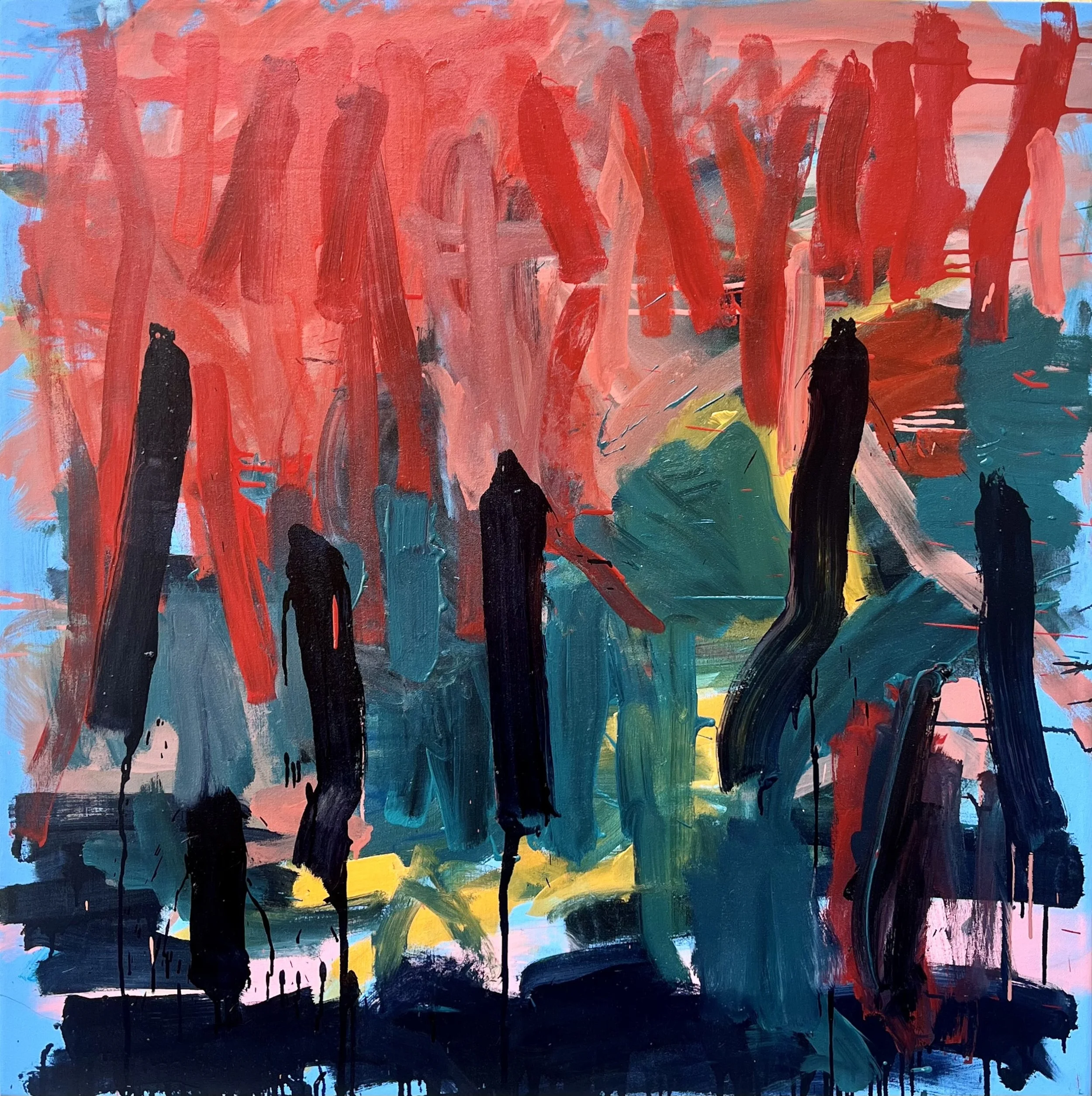 An abstract painting with bold brushstrokes in pink, yellow, red, teal, and black, creating a vibrant and dynamic composition.