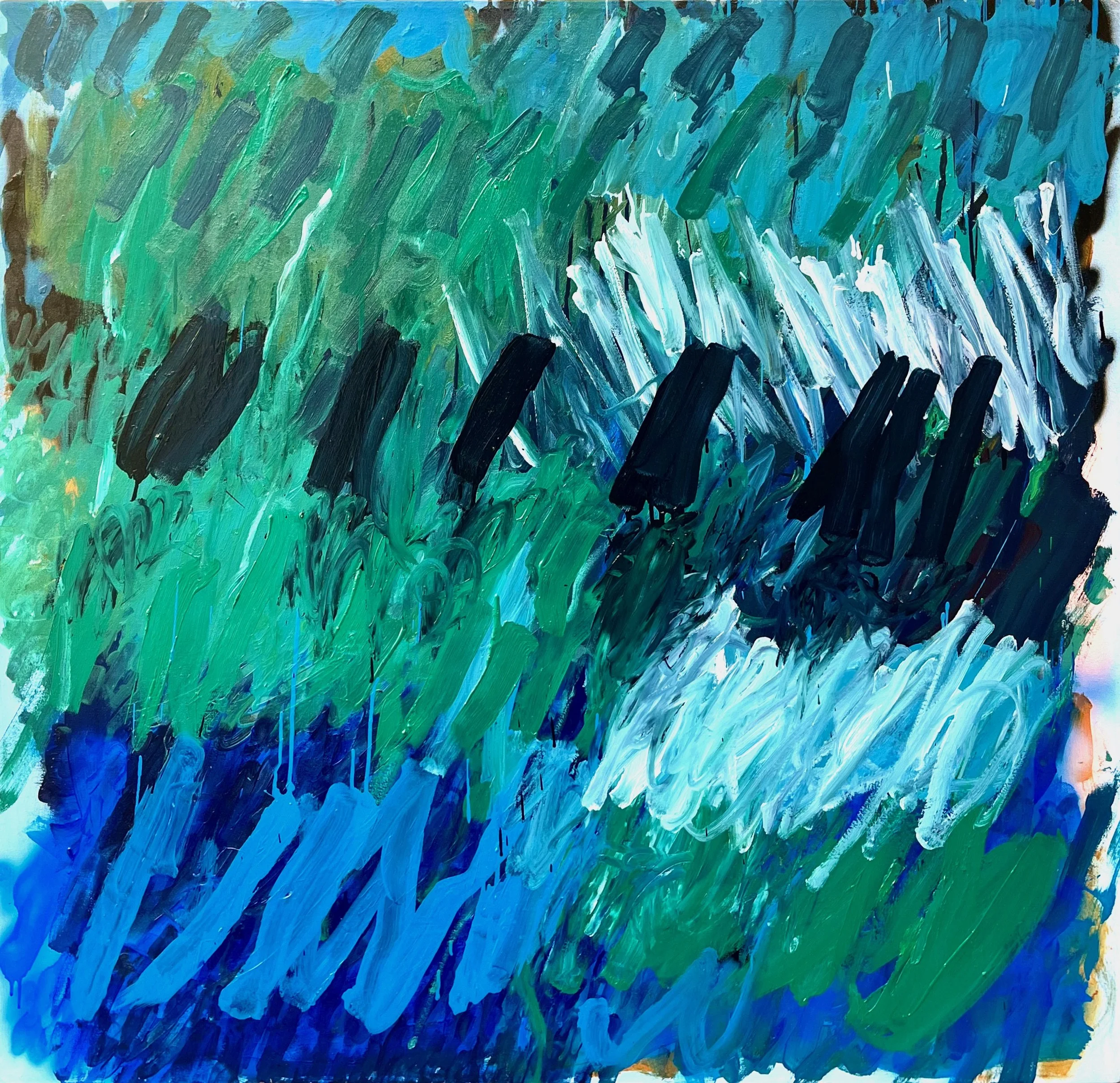 An abstract painting with bold brushstrokes in pink, yellow, green, blue, and white, creating a vibrant and dynamic composition.