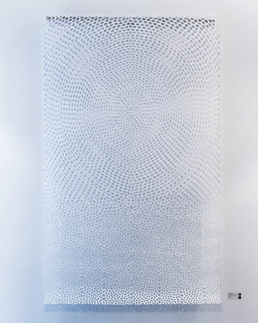 Light We Cannot See is an oversized Panel by Jaq Belcher, it is created to remain open, unframed.  This piece has thousands of vesica piscis created and mapped to appear along with delicate line.