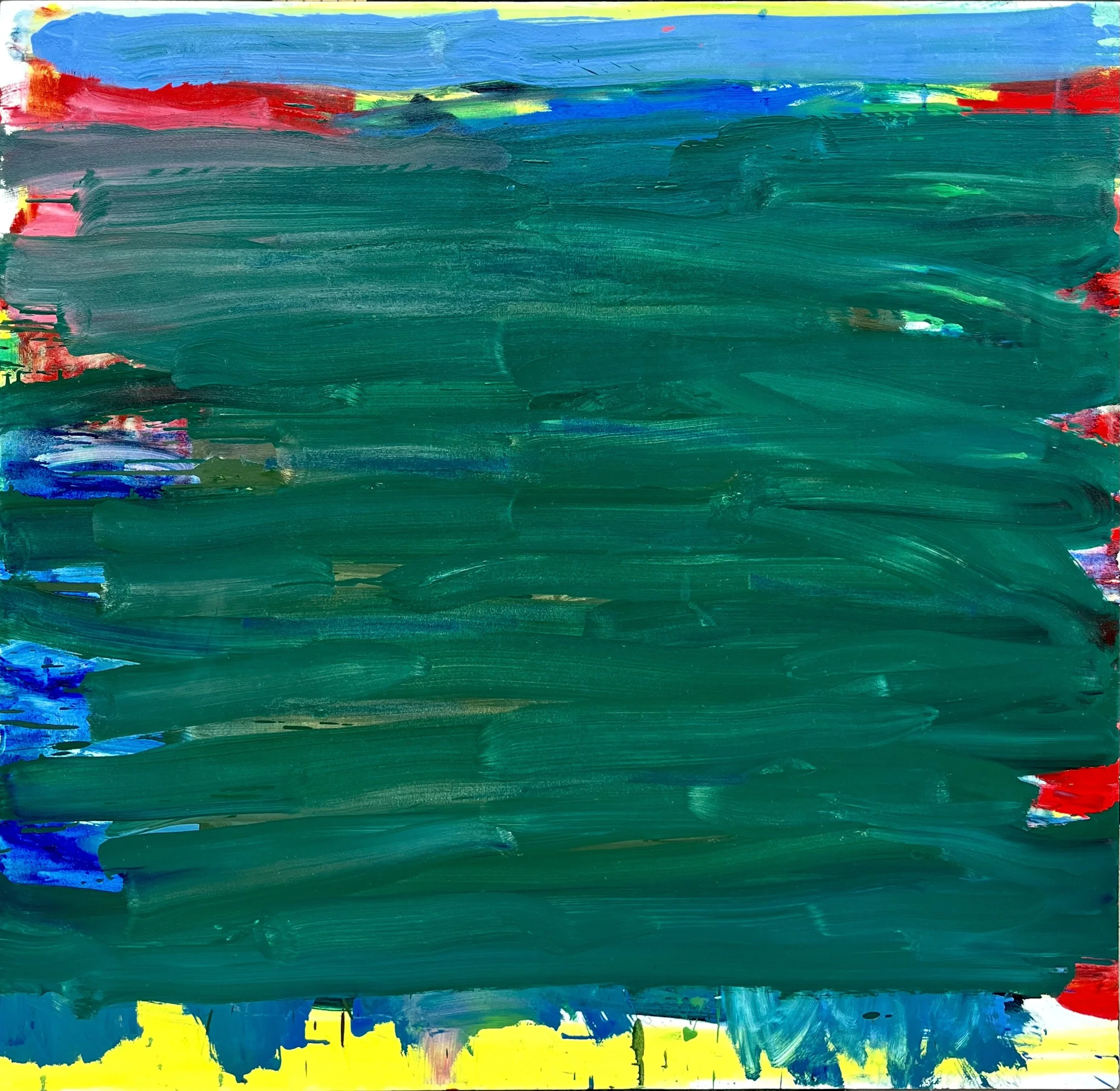 An abstract painting with bold brushstrokes in green, yellow, blue, and red
, creating a vibrant and dynamic composition.