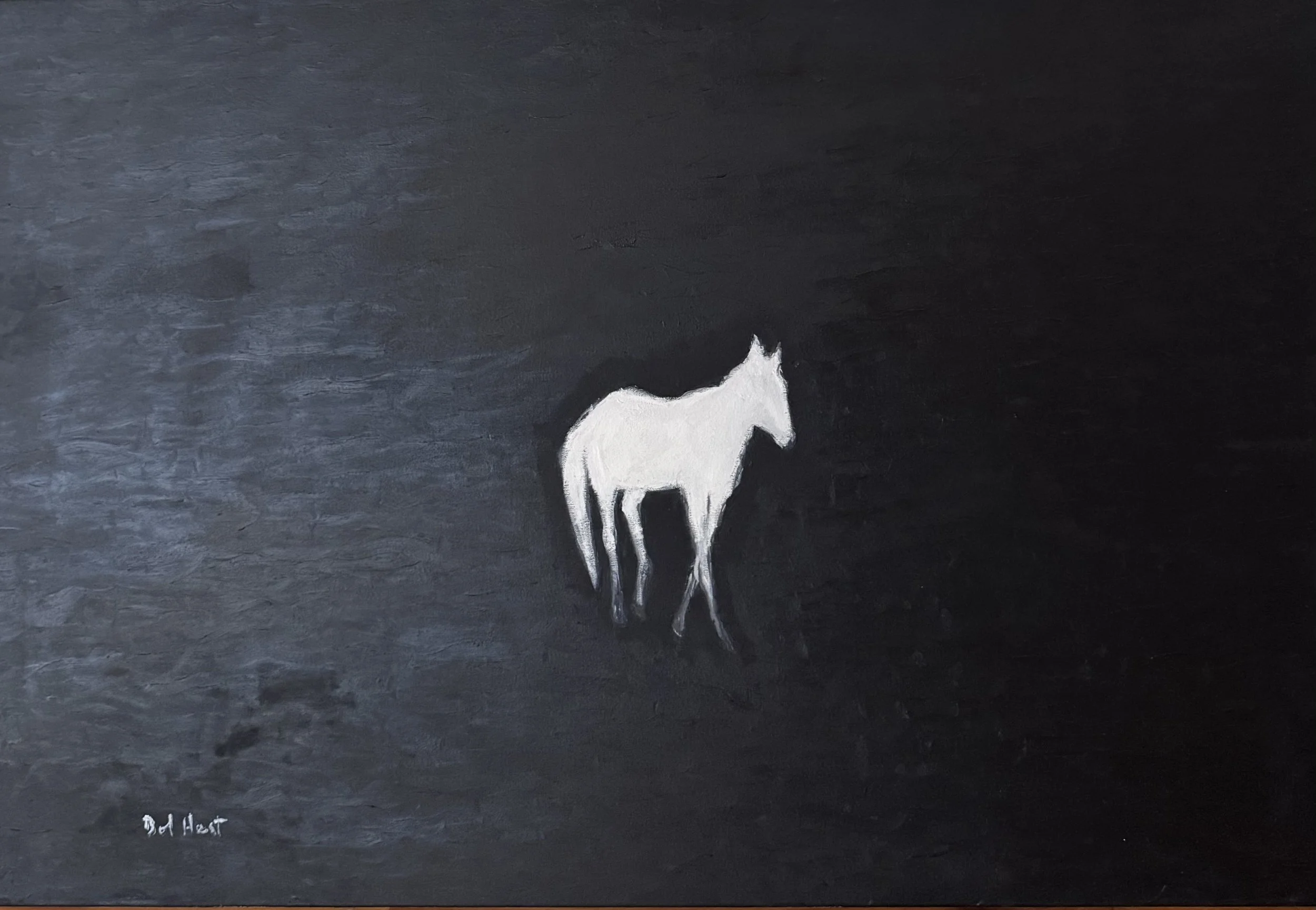 Bob Hest, "She Turned?," oil on canvas. A white silhouette of a horse against a black field. 