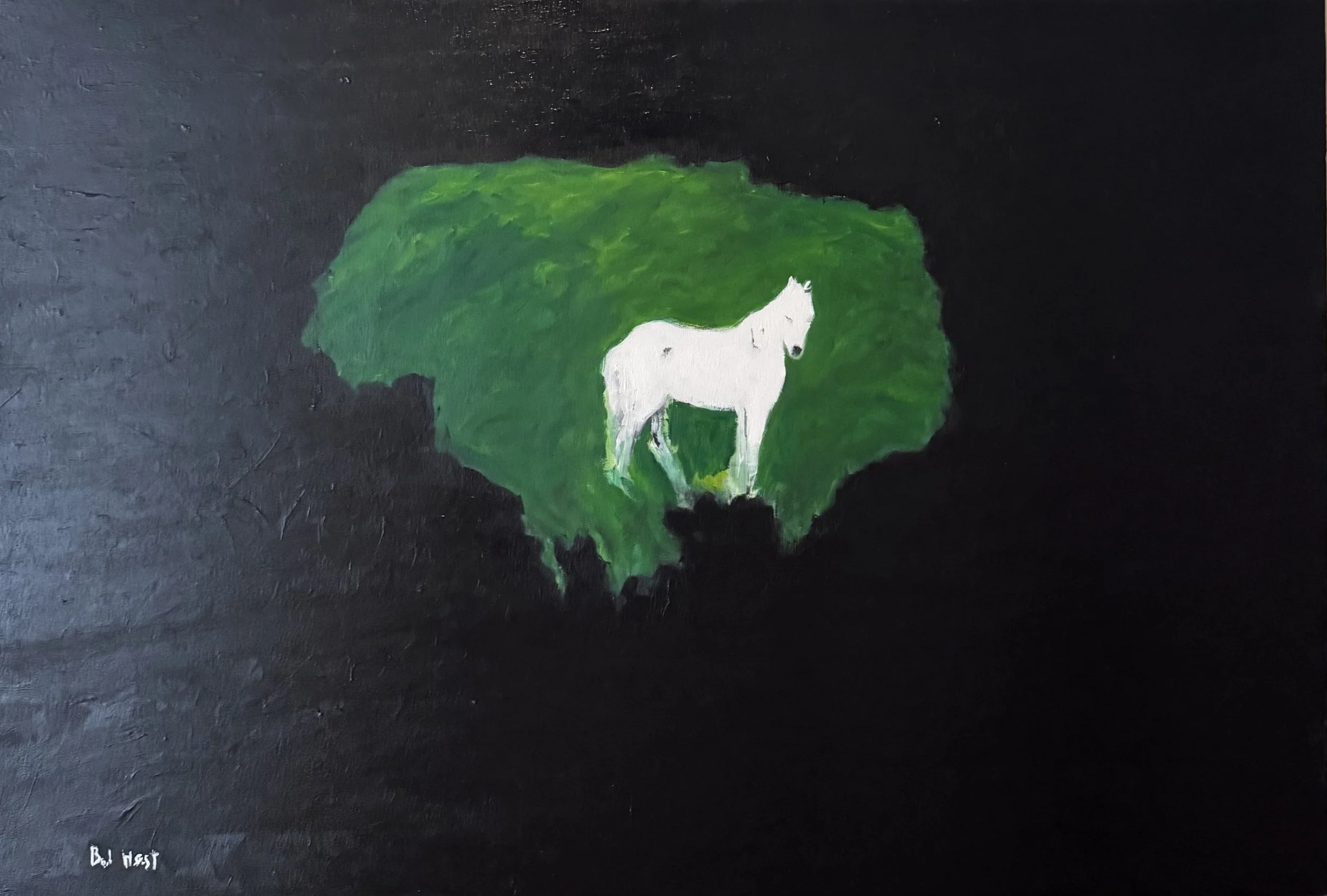 Bob Hest, "She Grazed on the Verdant Green," oil on canvas. A lone white silhouette of a horse stands in a green field against a black backdrop. 