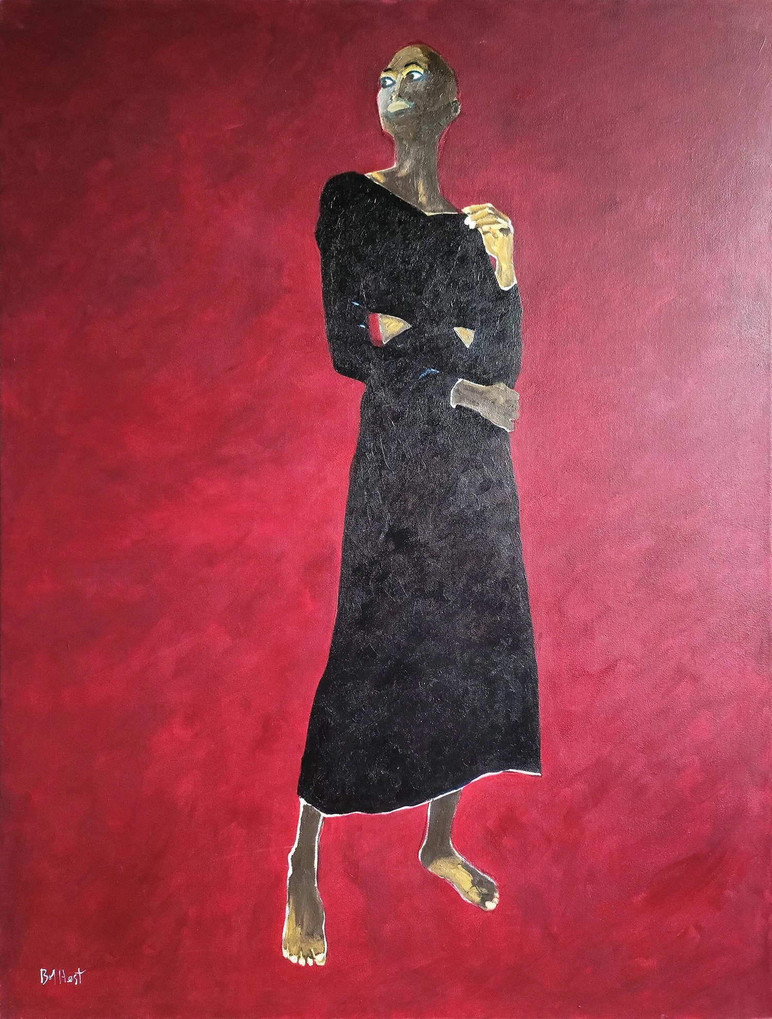Portrait of a woman in a black dress against a vibrant red background