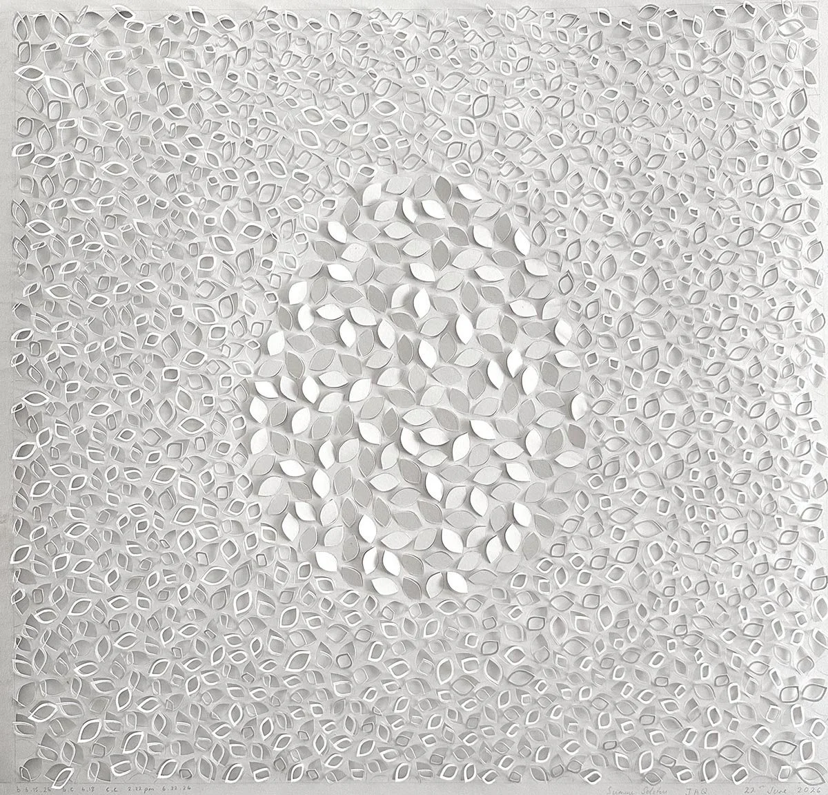 Jaq Belcher, "Rest," 24 x 24 inches. Hand-cut paper artwork featuring intricate vesica piscis forms and delicate raised paper elements creating light and shadow.