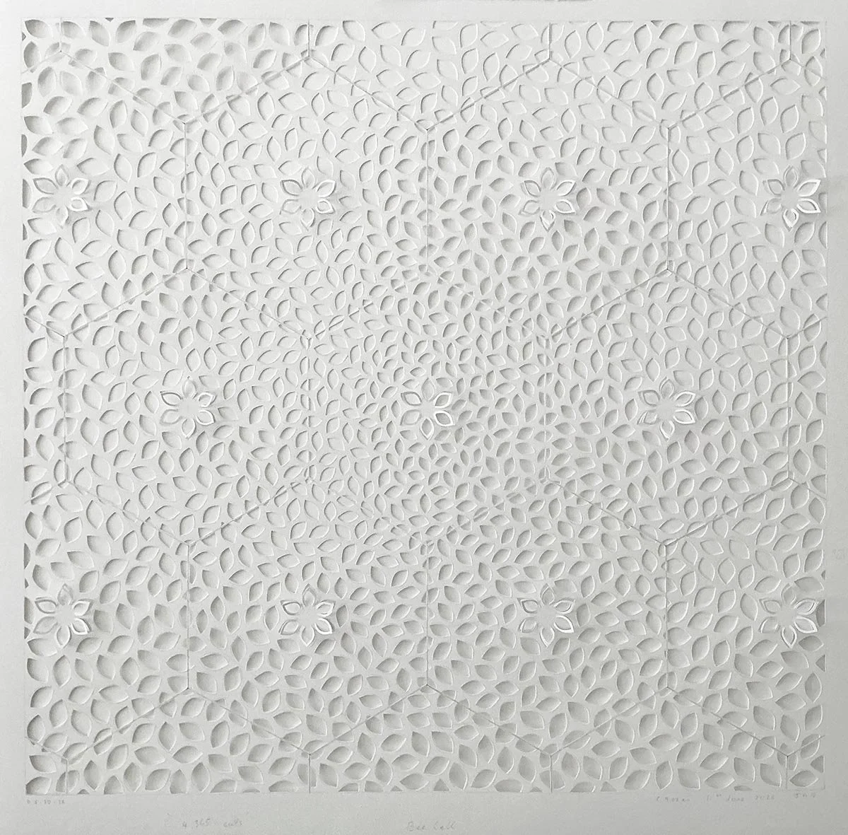 Jaq Belcher, "Bee Cell," 24 x 24 inches. Hand-cut paper artwork featuring intricate vesica piscis forms and delicate raised paper elements creating light and shadow.