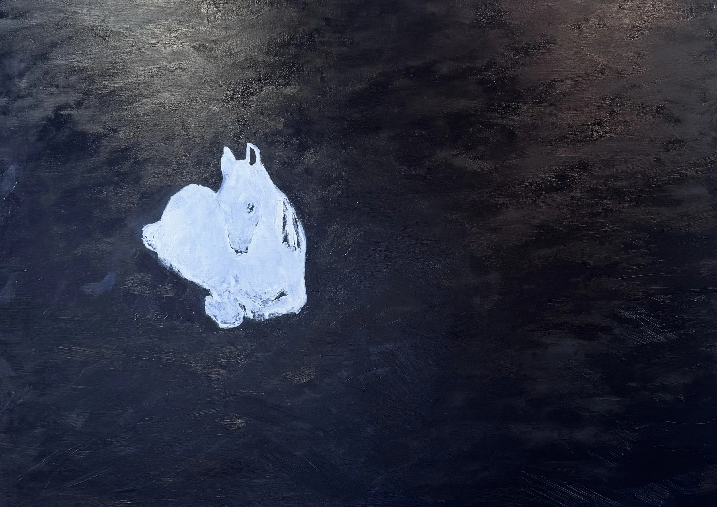 Bob Hest, "She Slept," oil on canvas. A white horse laying down against a black background.