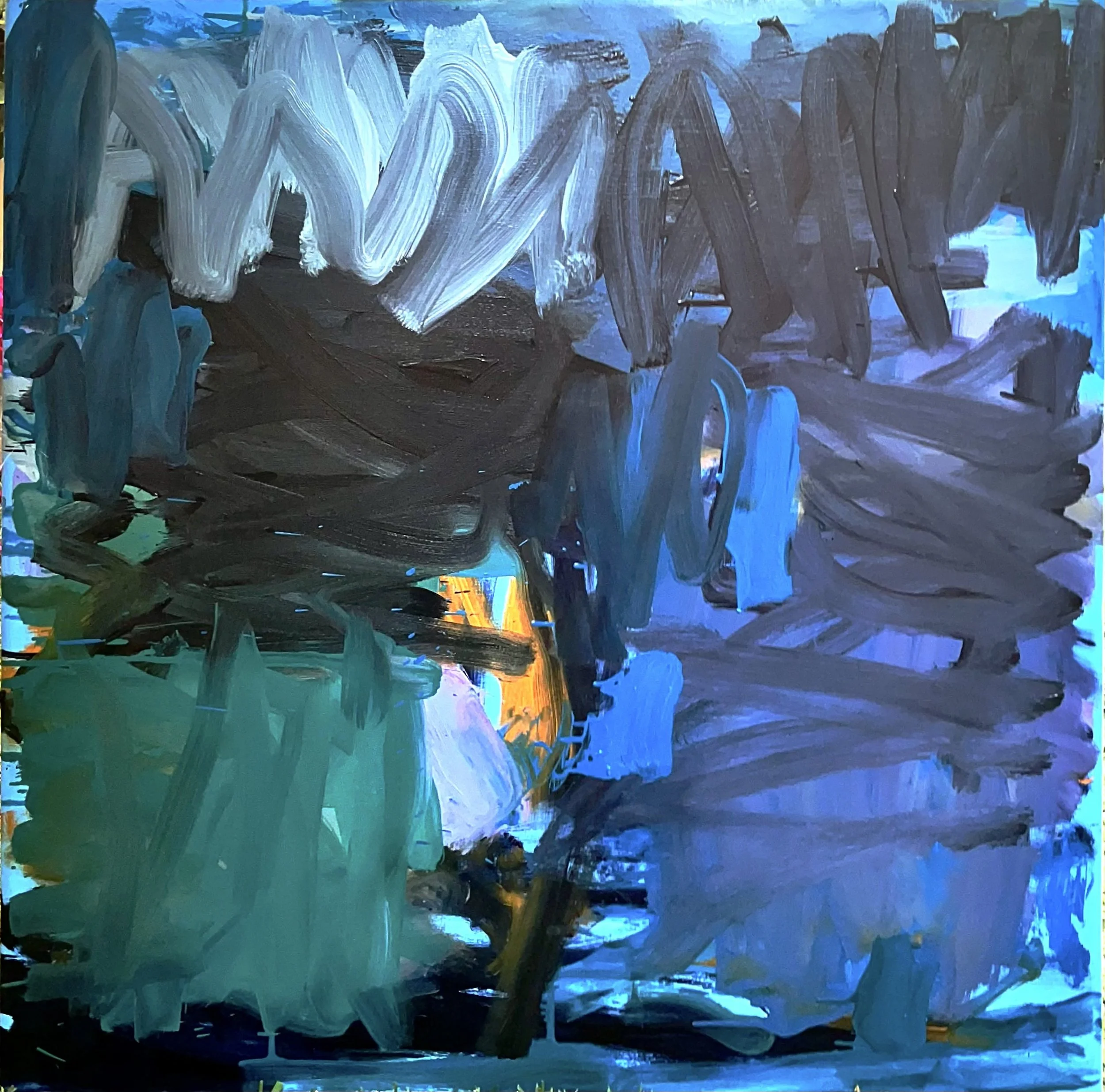 An abstract painting with bold brushstrokes in green, blue, black, and orange, creating a vibrant and dynamic composition.