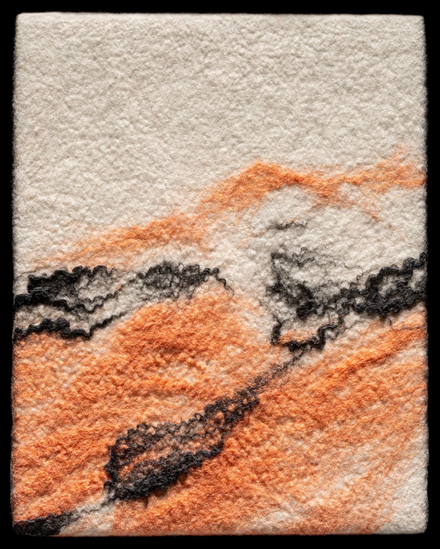 Close-up of a textured paper with an abstract drawing in black, gray, and orange colors, featuring swirling and curved lines.