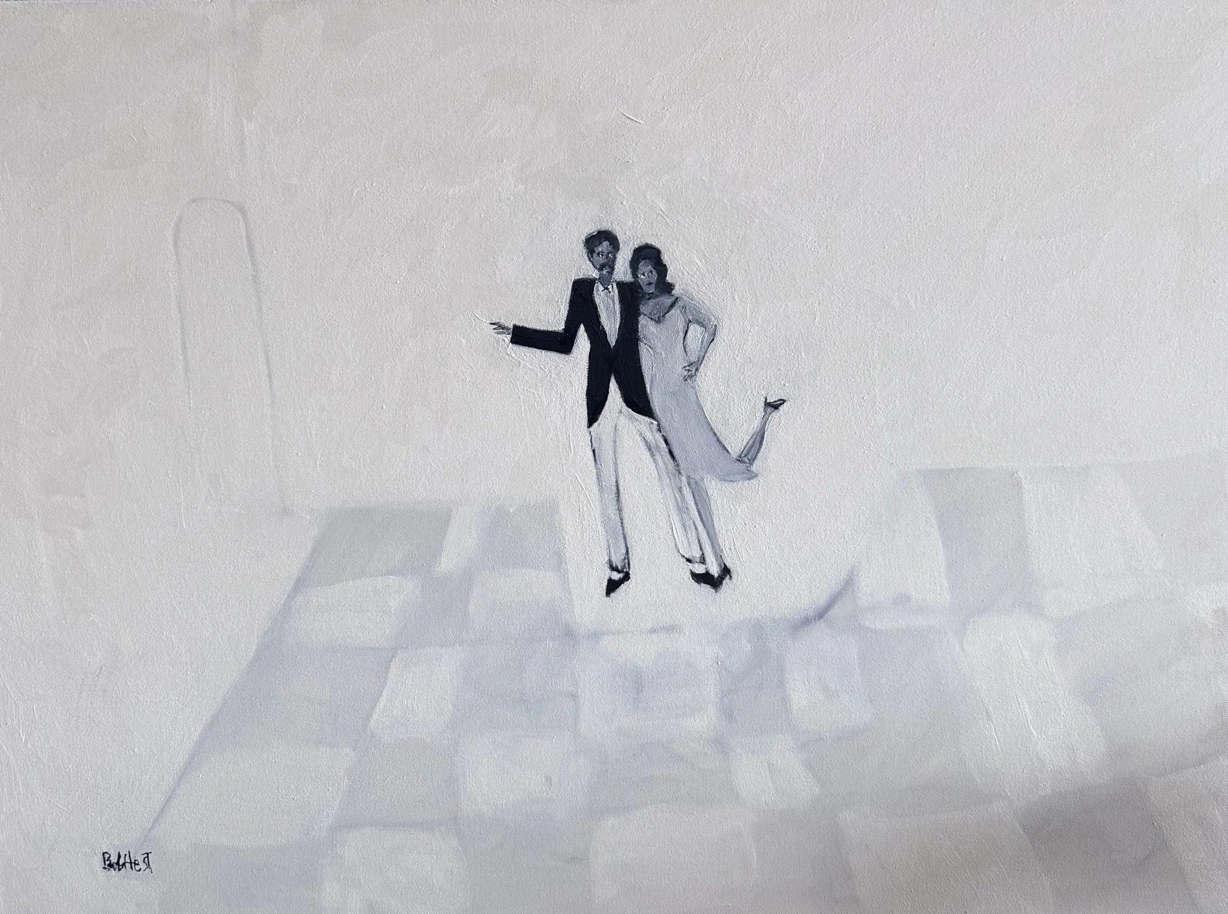Bob Hest, "They Danced Into Love," oil on canvas. A subdued color palette depicting a couple on the dancefloor.