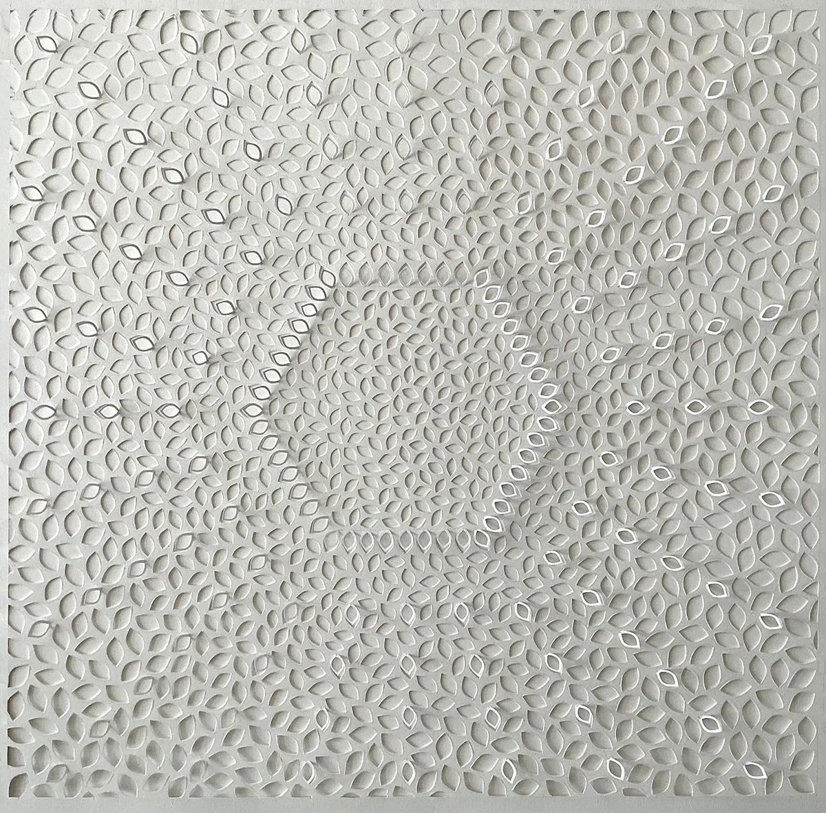 Jaq Belcher, "Sun Cell," 24 x 24 inches. Hand-cut paper artwork featuring intricate vesica piscis forms and delicate raised paper elements creating light and shadow.