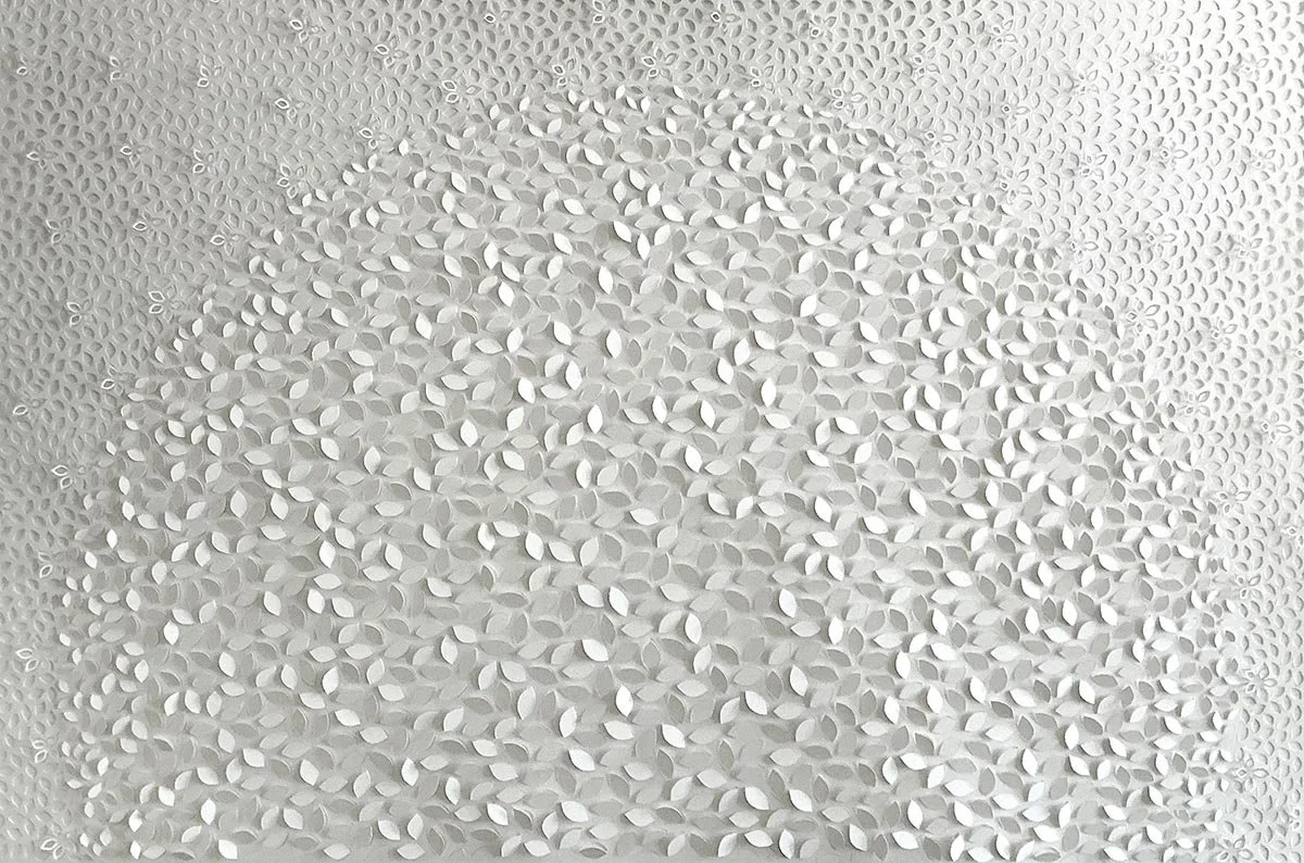 Jaq Belcher, "Above Finite Things," 30 x 44 inches. Hand-cut paper artwork featuring intricate vesica piscis forms and delicate raised paper elements creating light and shadow.
