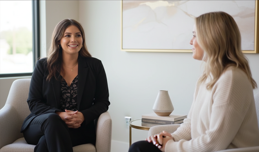 Lori Vasquez meeting with a patient at Mind Over Matter Mental Health Group