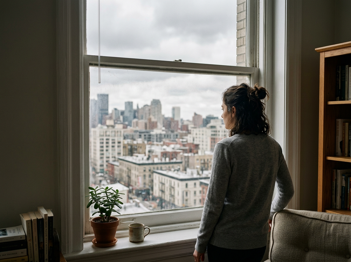 a woman looks out the window at a cloudy cityscape