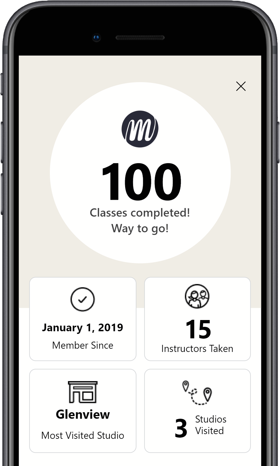 Screen displaying a fitness app achievement for completing 100 classes, with details on member since January 1, 2019, 15 instructors taken, most visited studio in Glenview, and three studios visited.