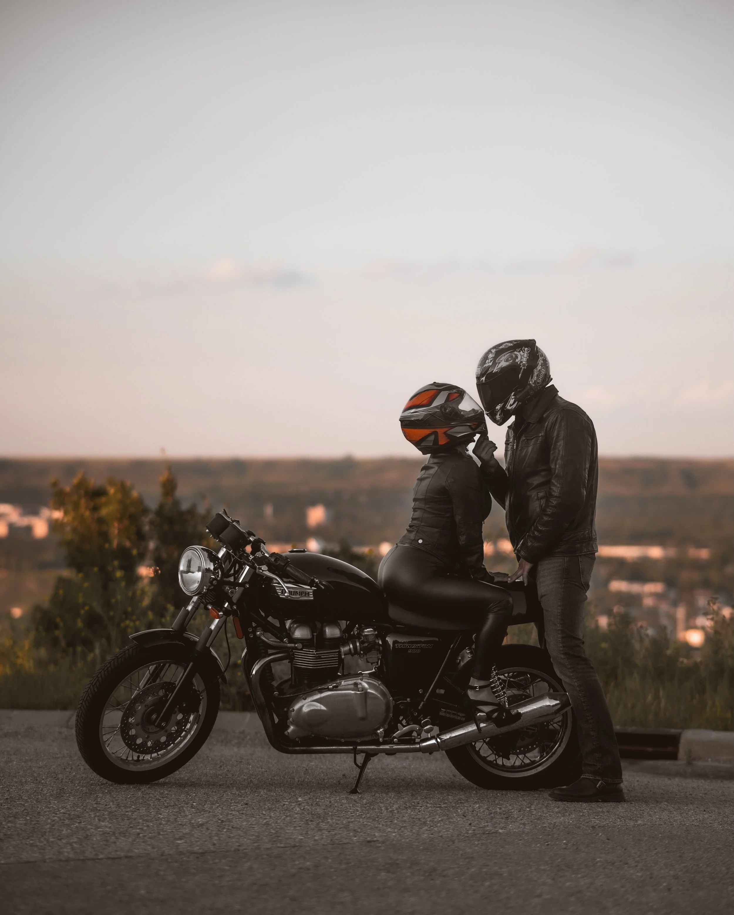The best ideas for engagement photoshoots are the ideas that represent you.  These two were so fun to shoot with-  they love biking and leather. 🏍️🌅
.
#calgaryphotographer #yycphotography #calgaryweddings
