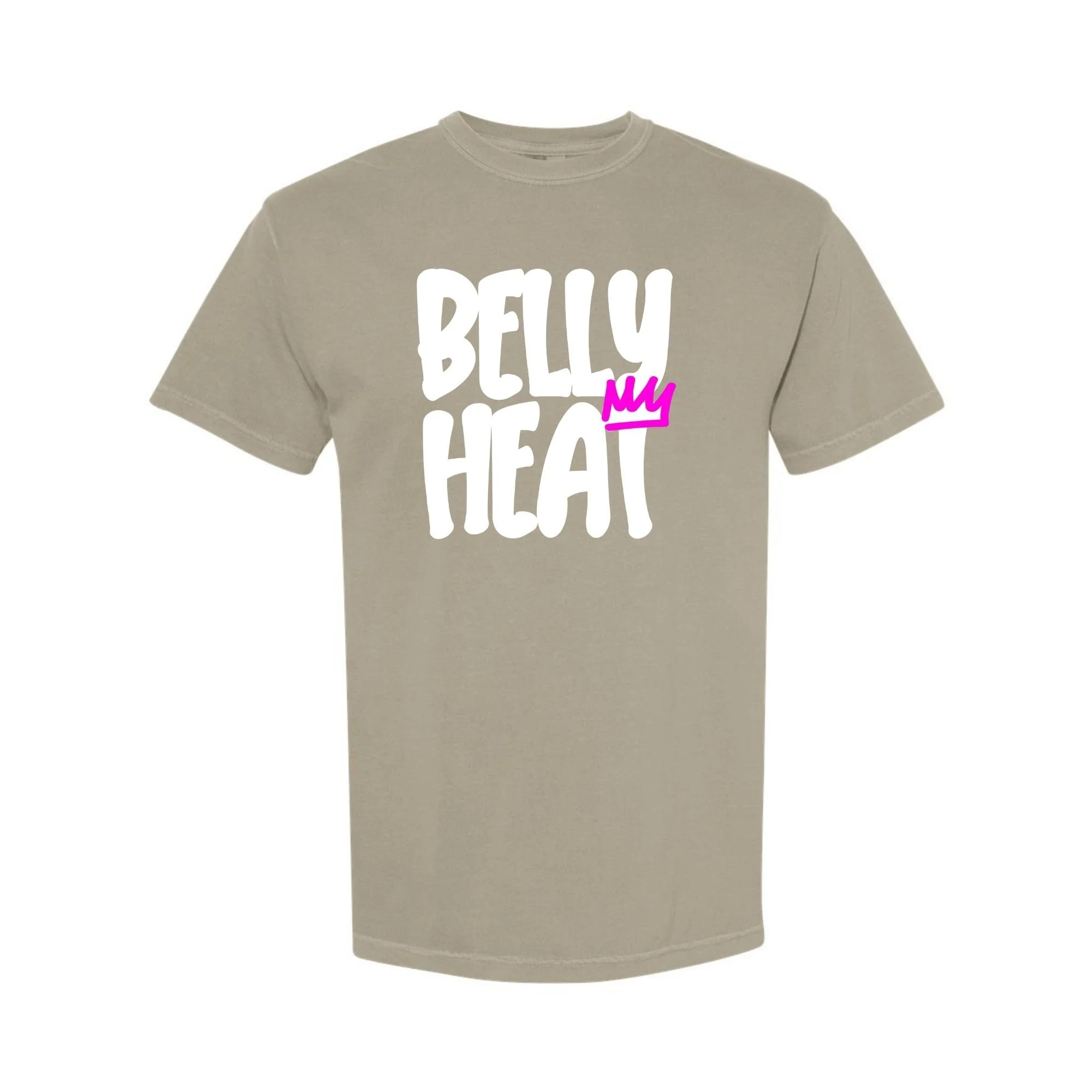 Belly Heat tee in Sandstone with white print