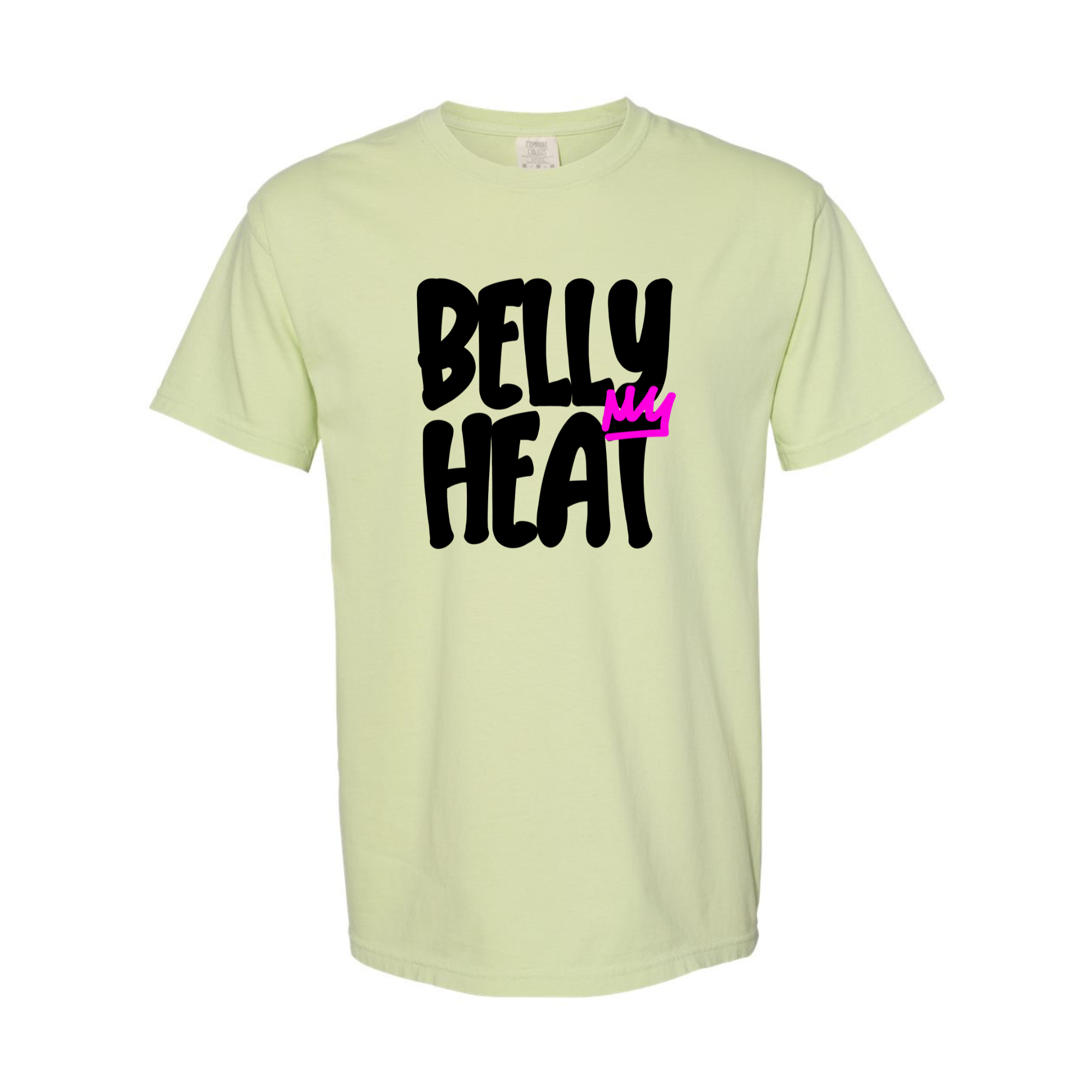 Belly Heat tee in Celadon with black print