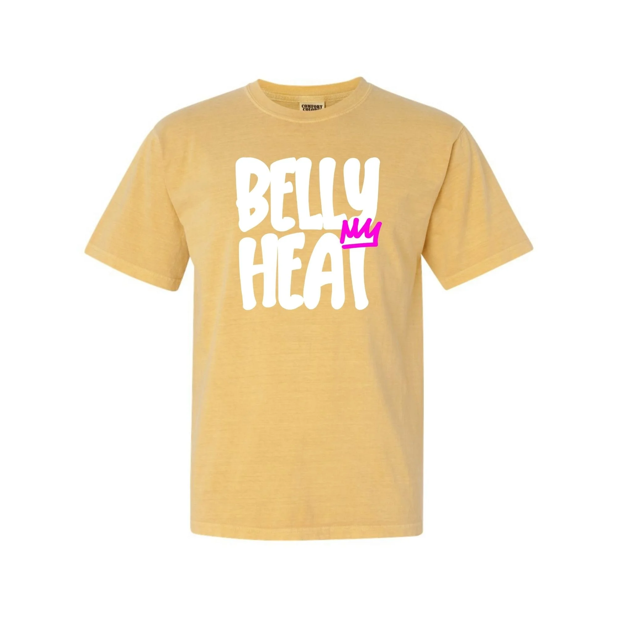 Belly Heat tee in Mustard with white print