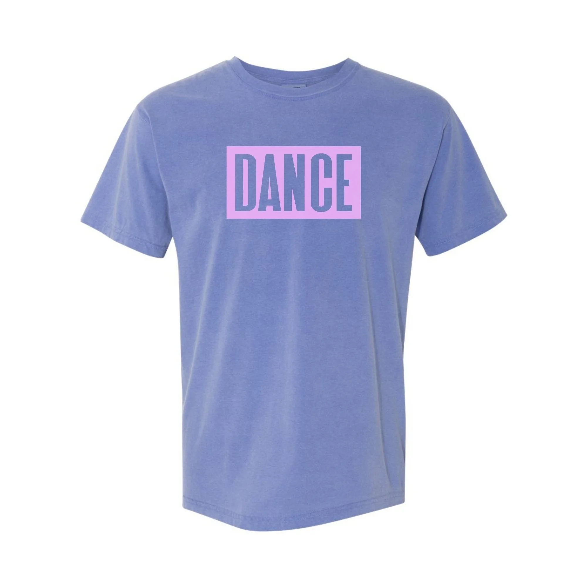 DANCE tee in Periwinkle with pink print
