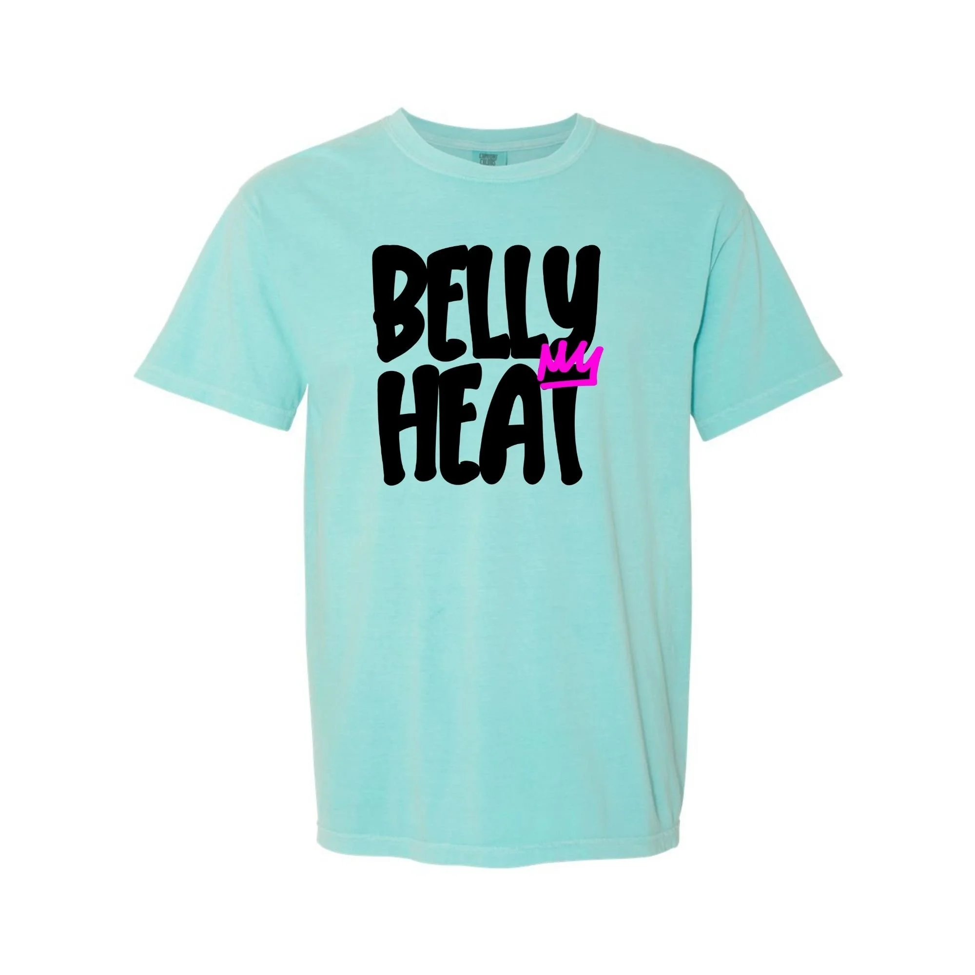 Belly Heat tee in Chalky Mint with black print