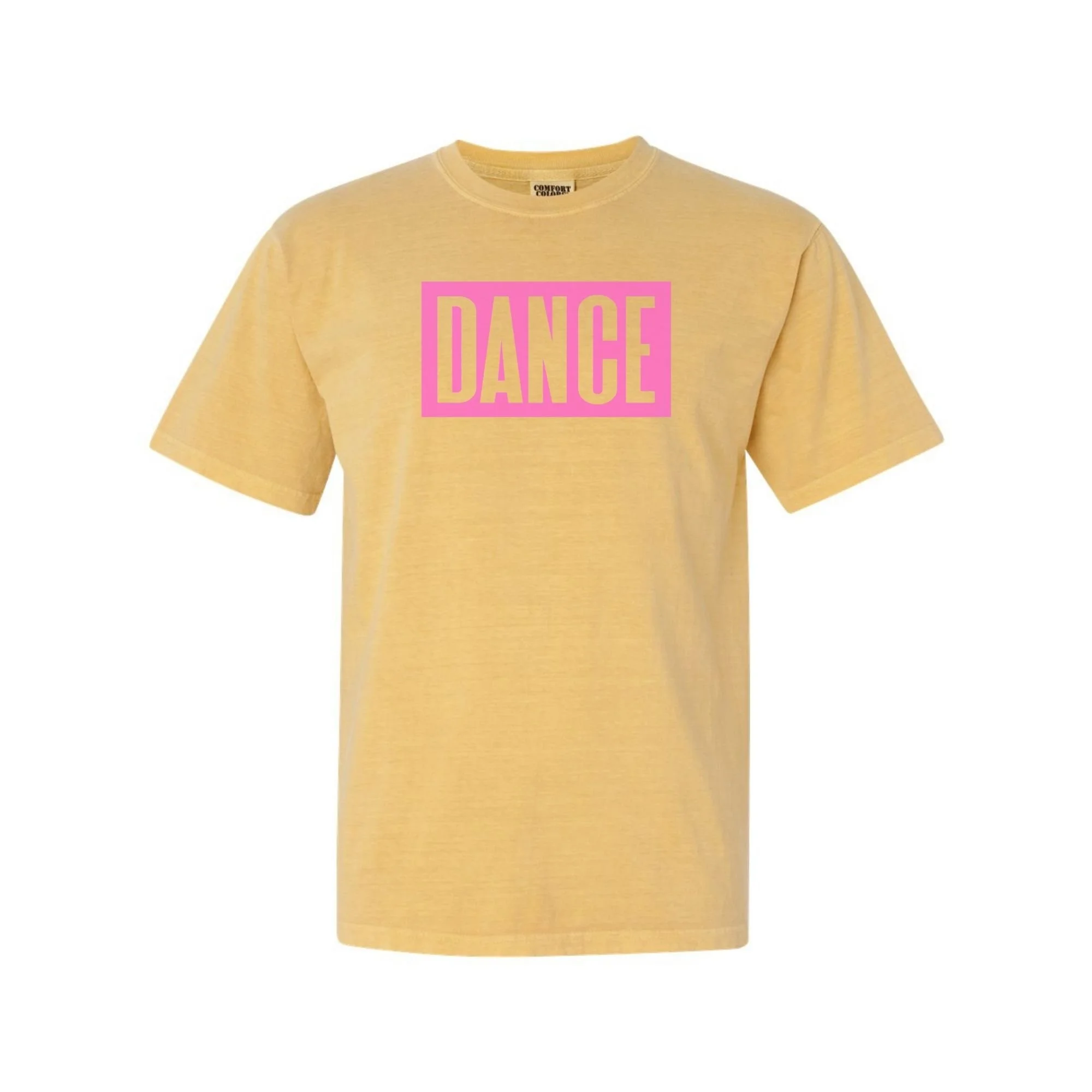 DANCE tee in Mustard with pink print