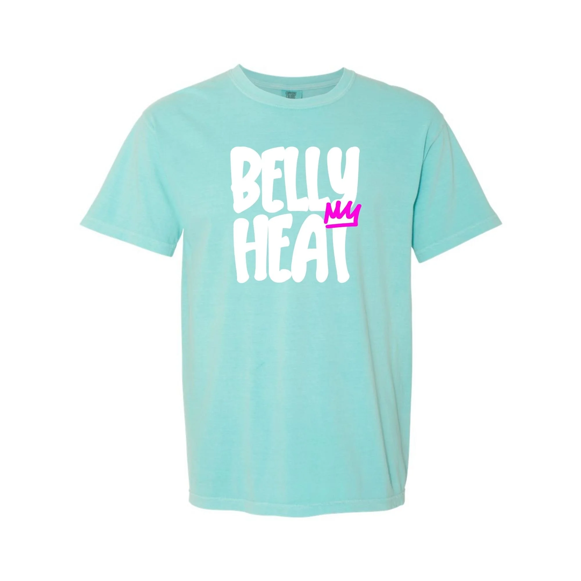 Belly Heat tee in Chalky Mint with white print