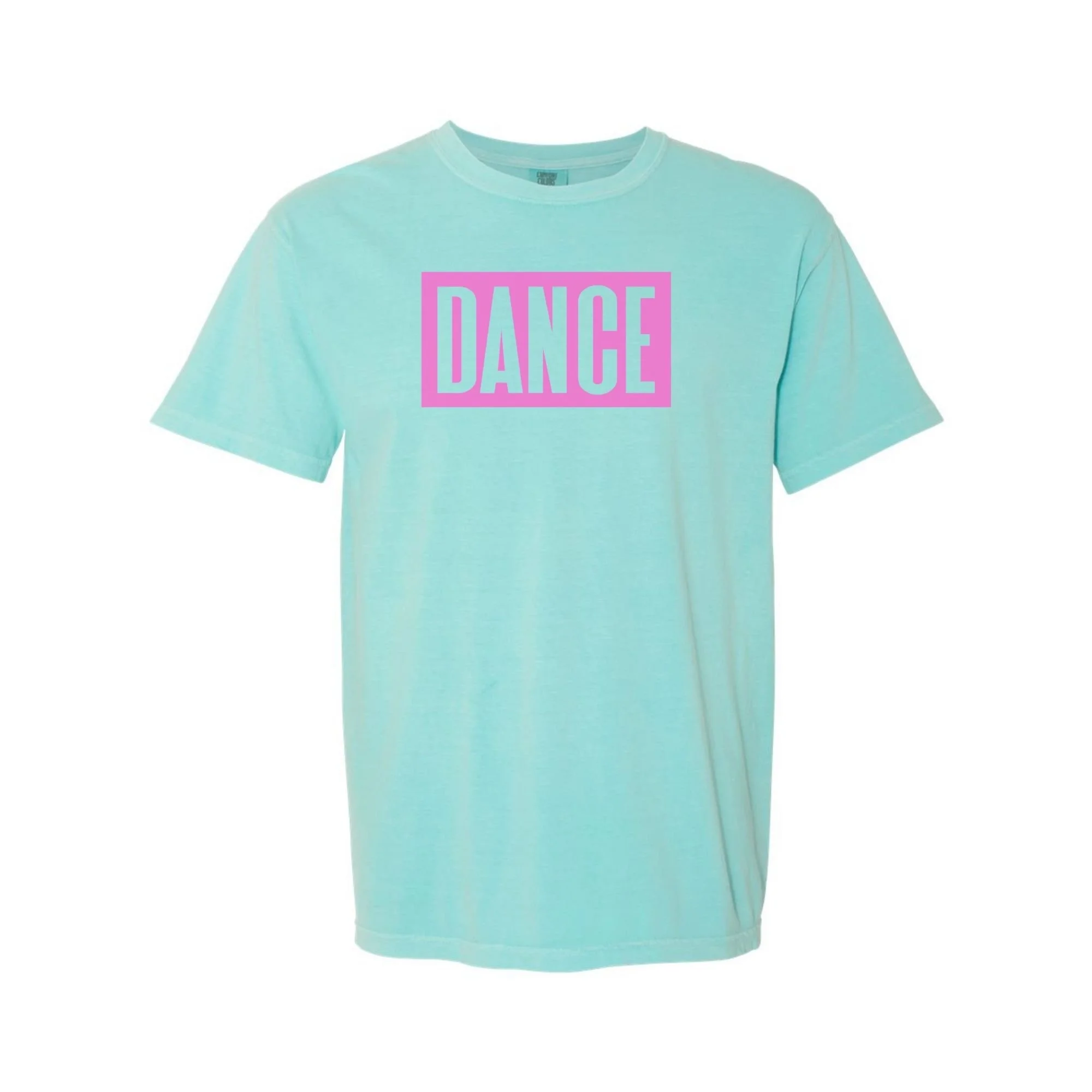 DANCE tee in Chalky Mint with pink print