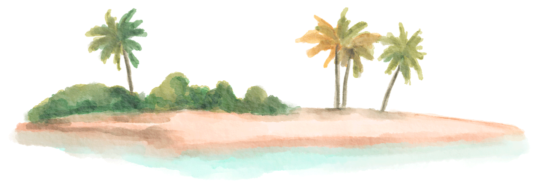 Watercolor tropical island with palm trees, featured on Belly Heat's 404 error page - a fun, beginner belly dance fitness brand based in Fort Lauderdale, FL