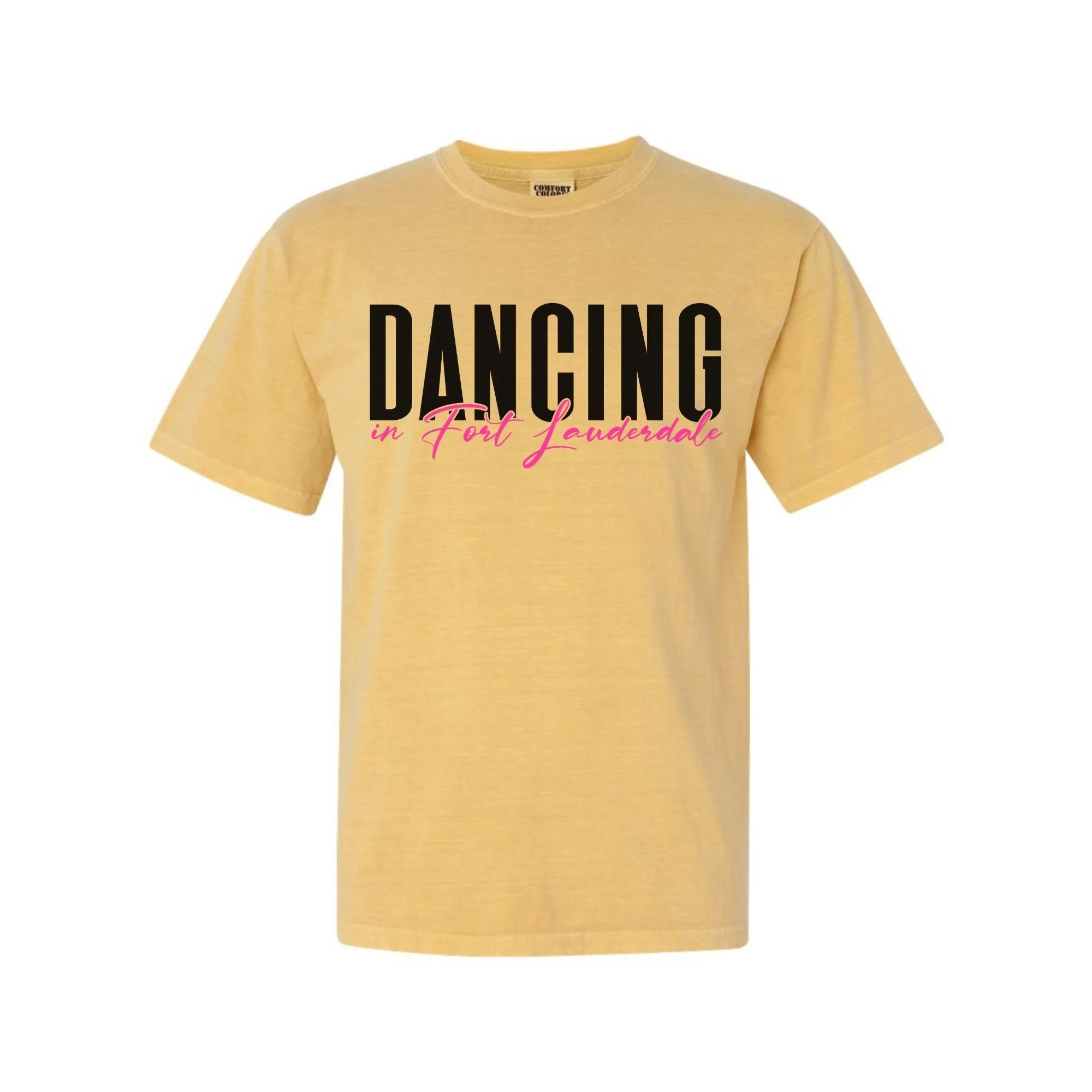 Dancing in Fort Lauderdale T-Shirt in Mustard with black and pink print