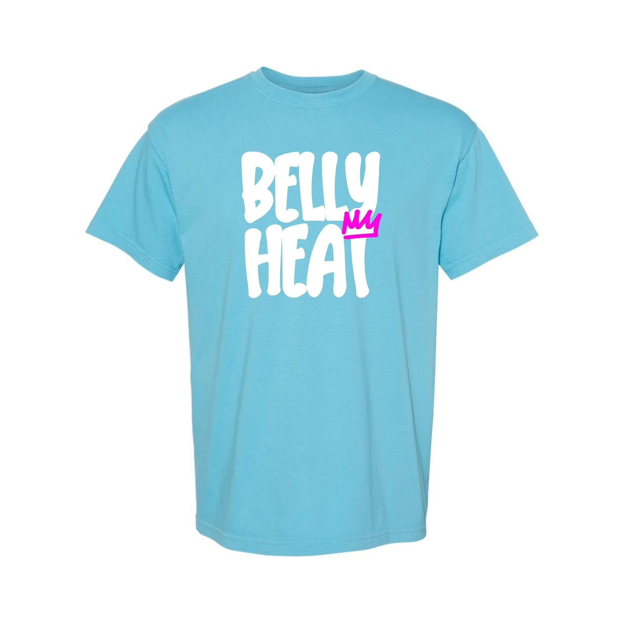 Belly Heat tee in Sapphire with white print