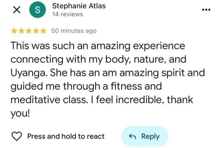 Google review describing Belly Heat as a fitness and meditative experience connecting with body and nature