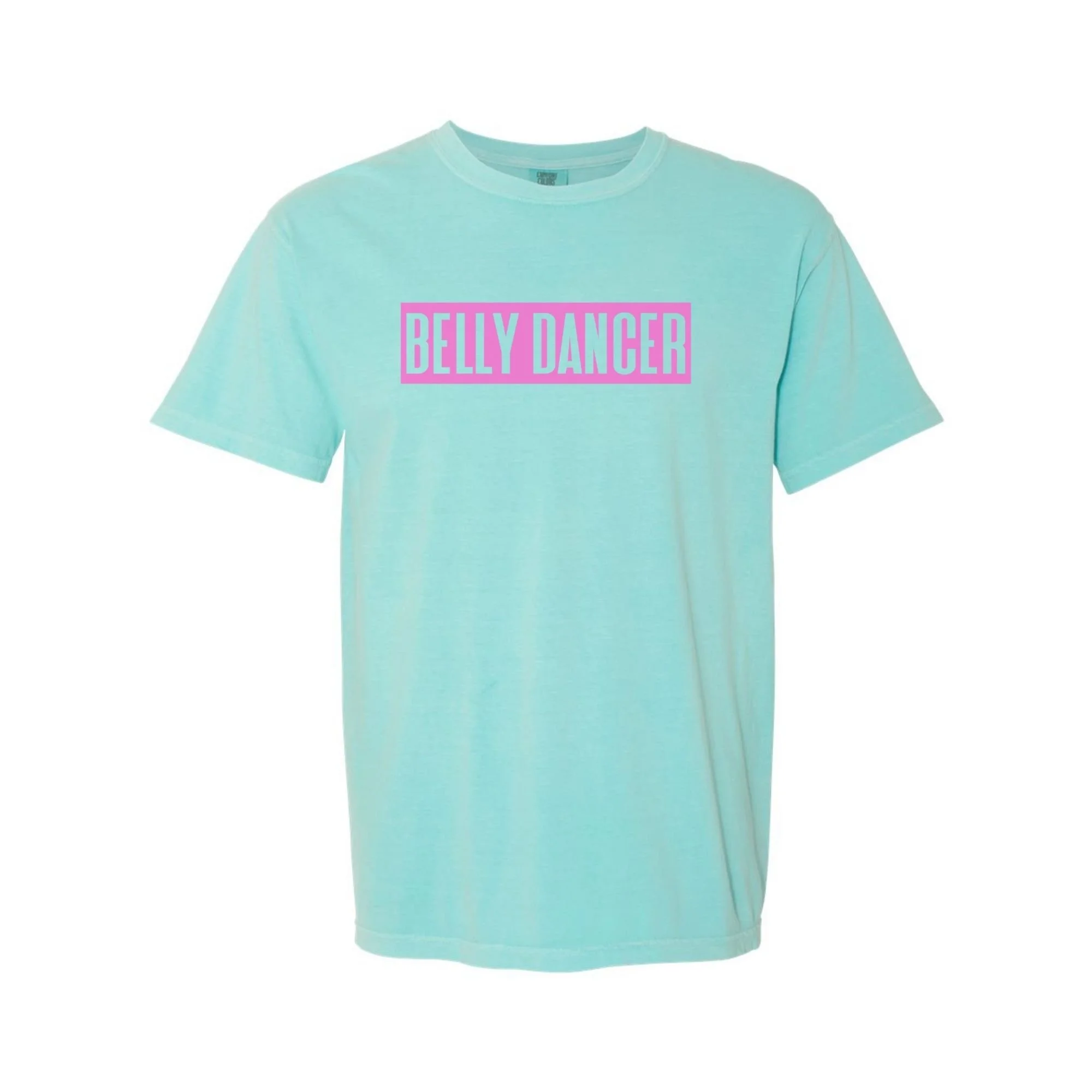 Belly Dancer tee in Chalky Mint with pink print