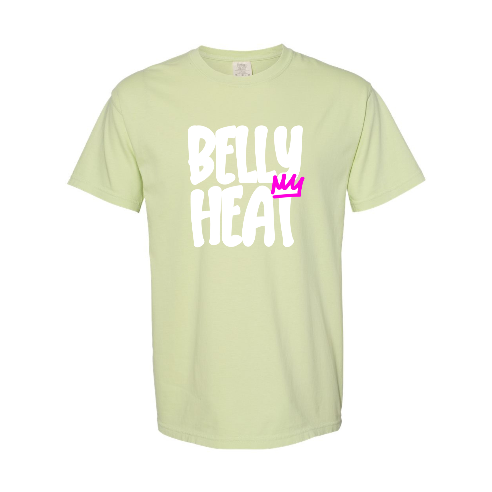 Belly Heat tee in Celadon with white print