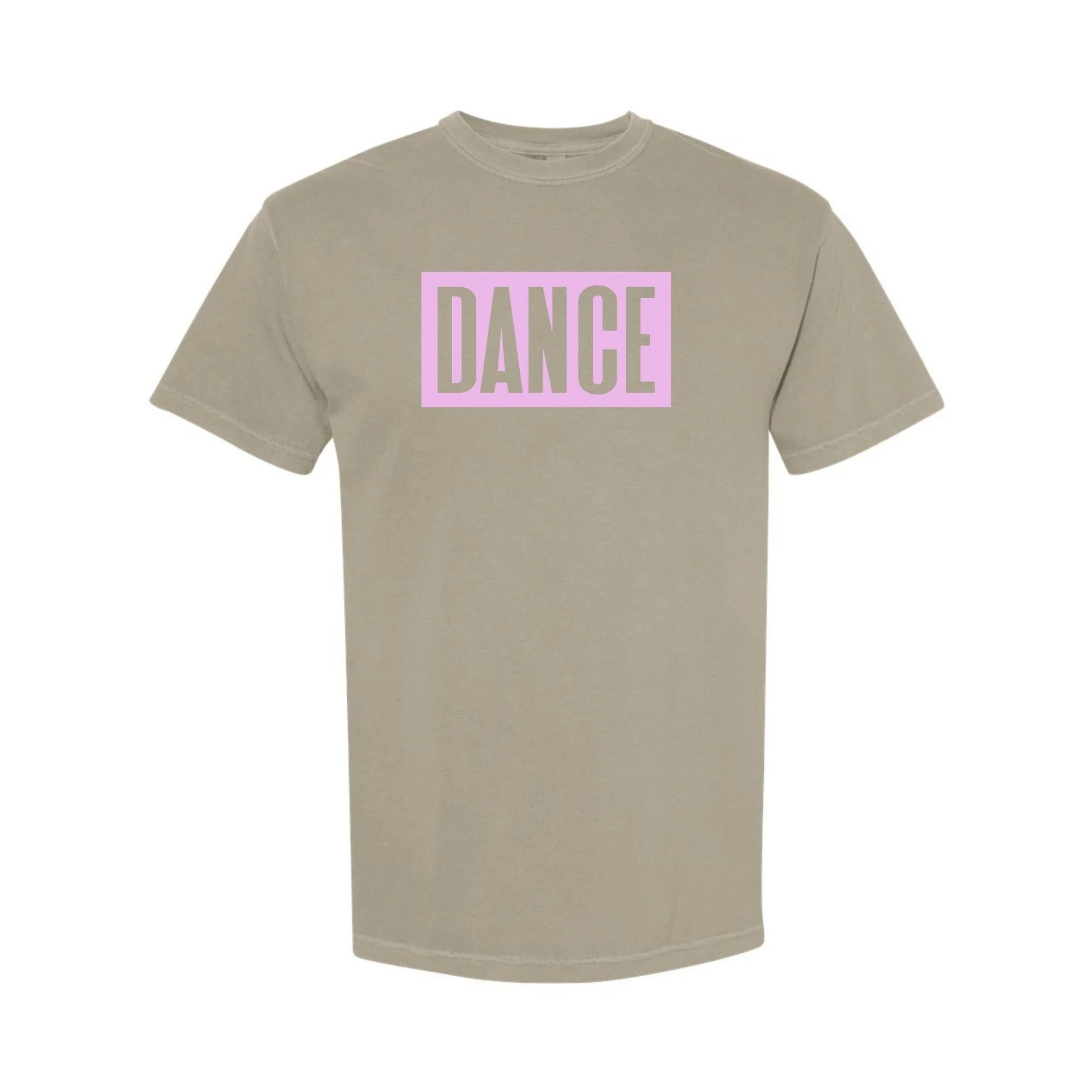 DANCE tee in Sandstone with pink print